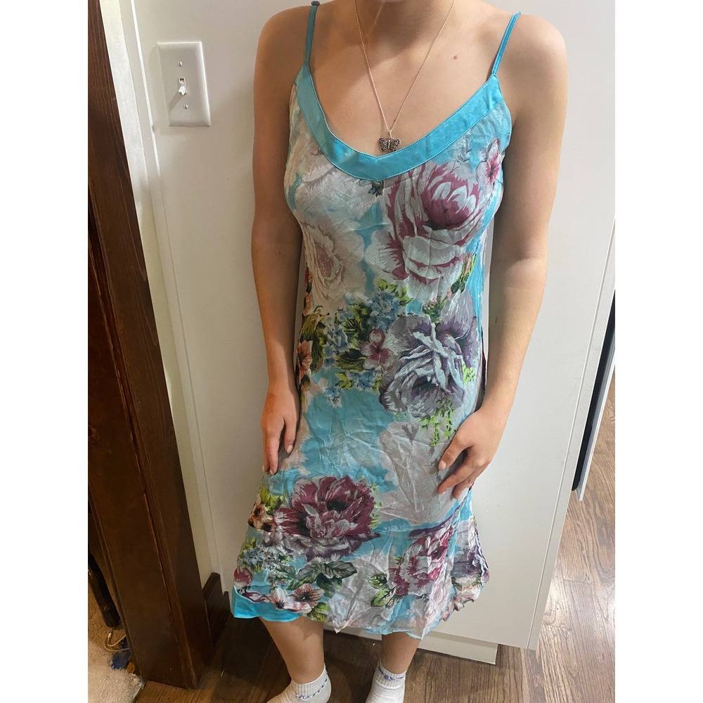 Vintage 90s Floral Midi Dress Blue Fairycore Sleeveless Slip Ruffle Hem